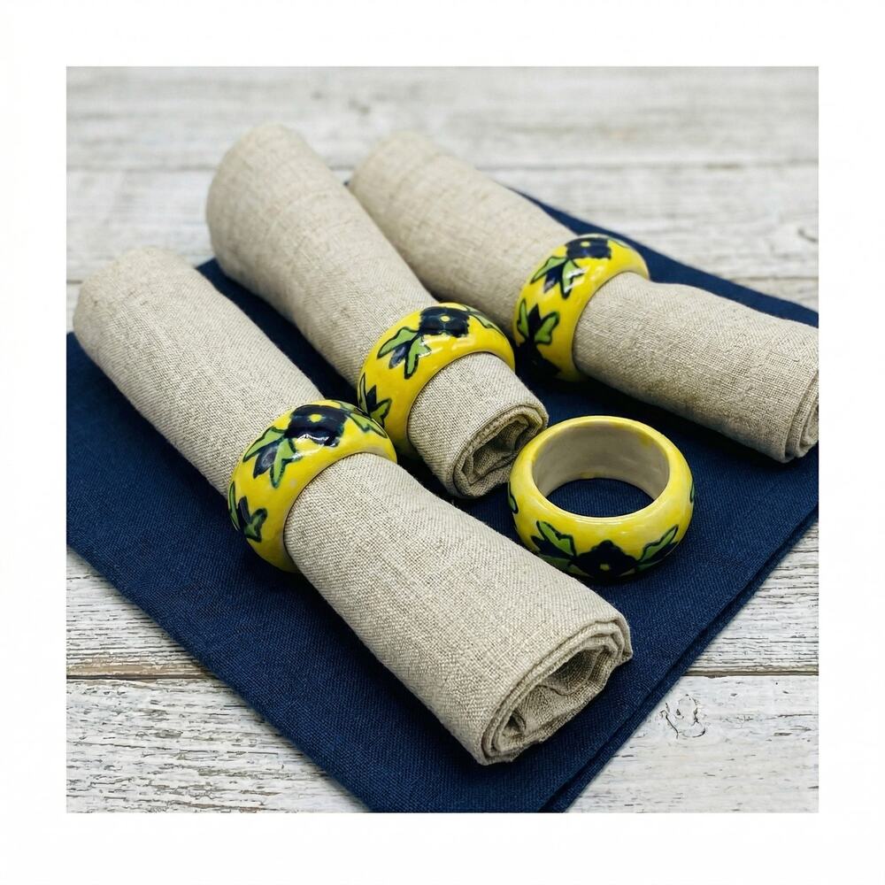 Pier 1 Ceramic Napkin Rings Yellow Navy Floral Set 4 Hand Painted Boho Spring